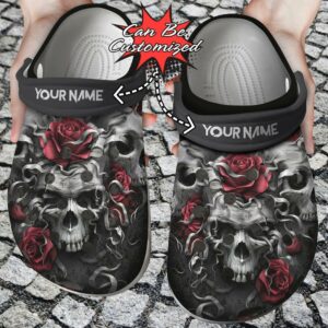 Skulls And Roses Custom Name Crocs, Skull Clog Shoes